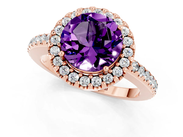 Rose gold Round Cut Amethyst Pavé Halo Ring with Four-Prong Setting