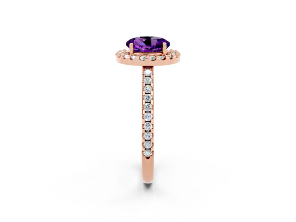 Rose gold Round Cut Amethyst Pavé Halo Ring with Four-Prong Setting
