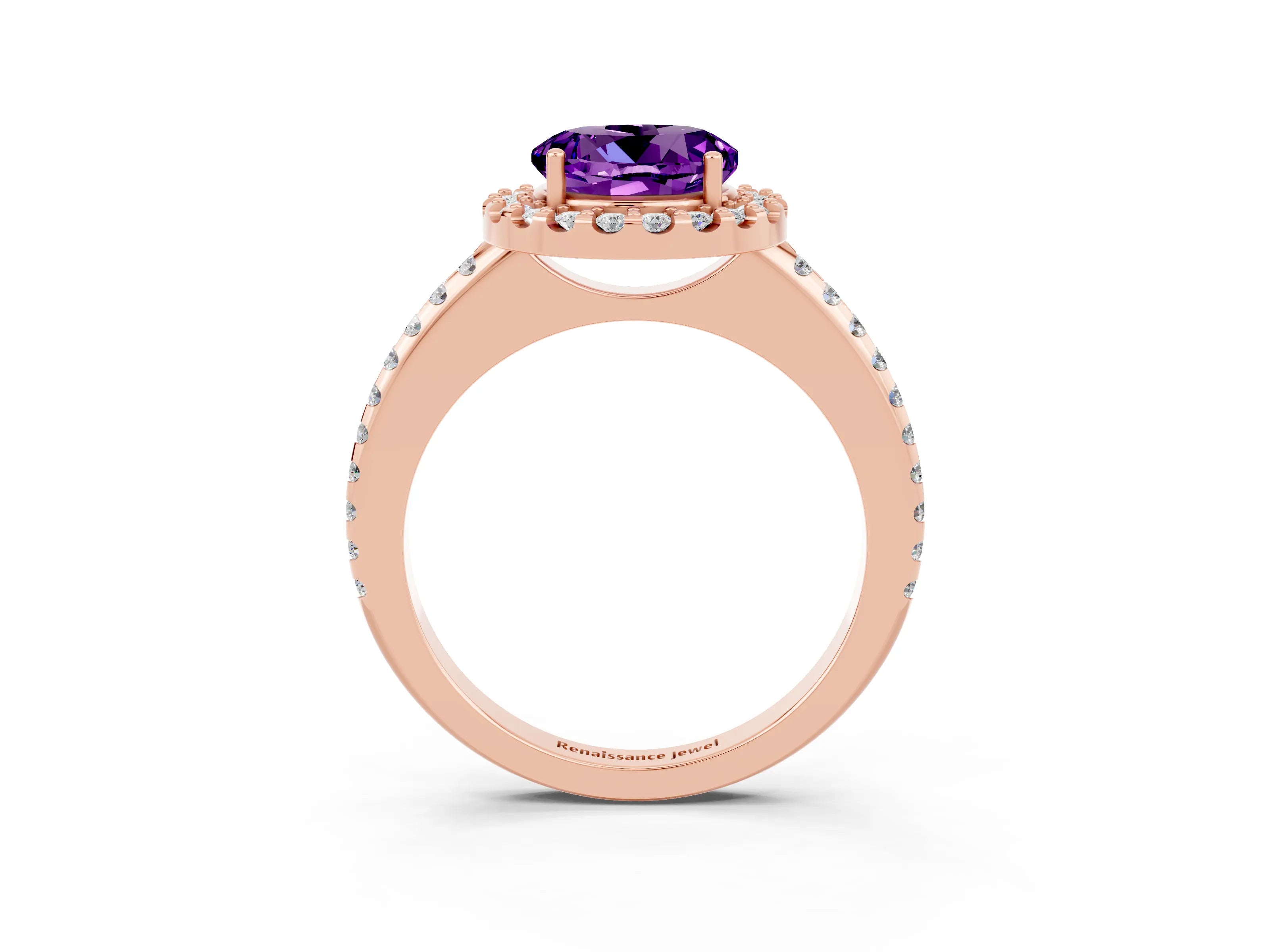 Rose gold Round Cut Amethyst Pavé Halo Ring with Four-Prong Setting_15