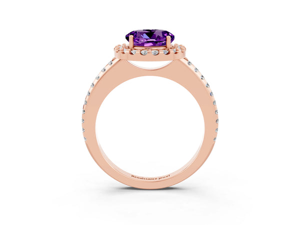 Rose gold Round Cut Amethyst Pavé Halo Ring with Four-Prong Setting