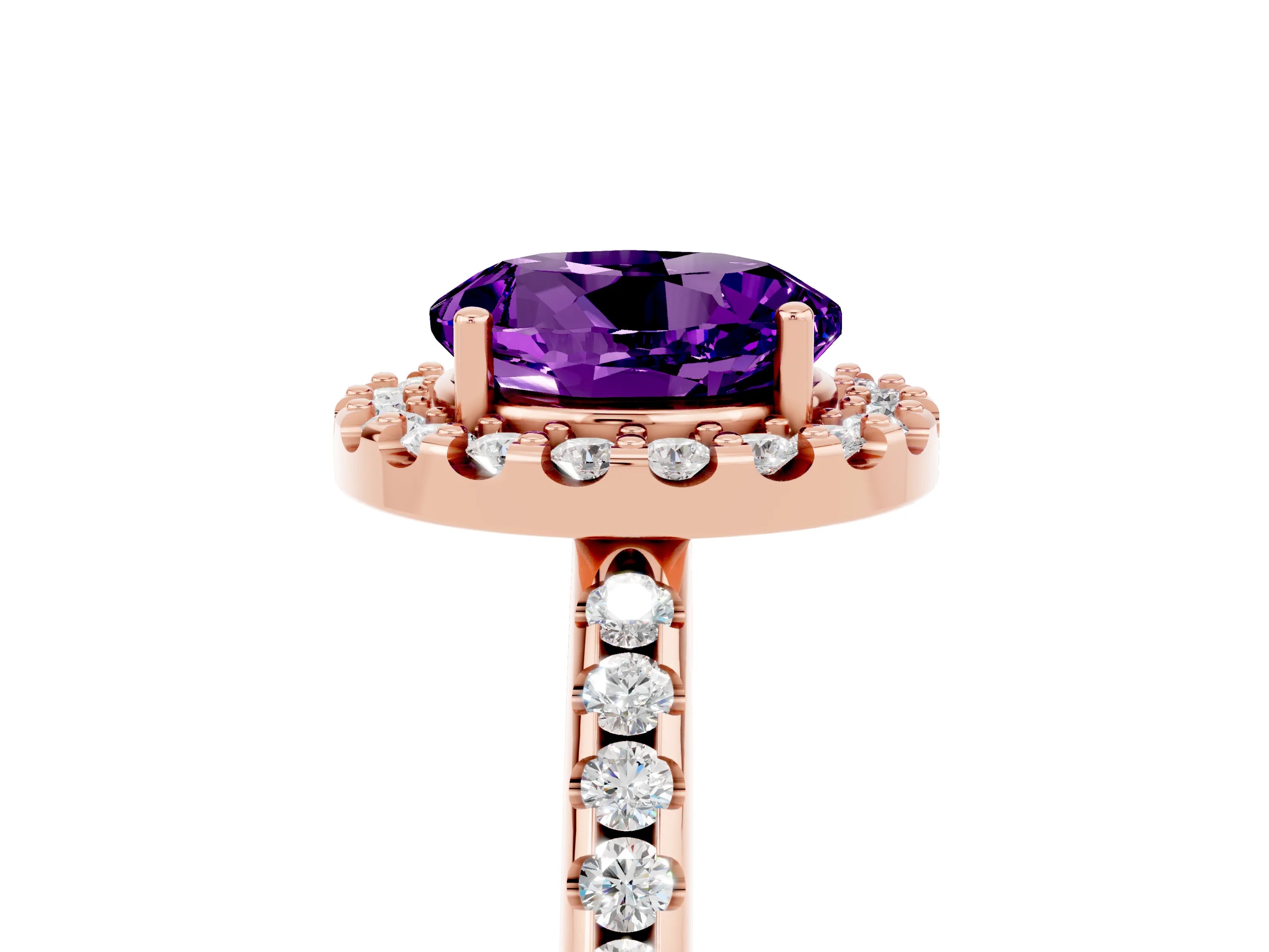Rose gold Round Cut Amethyst Pavé Halo Ring with Four-Prong Setting_17