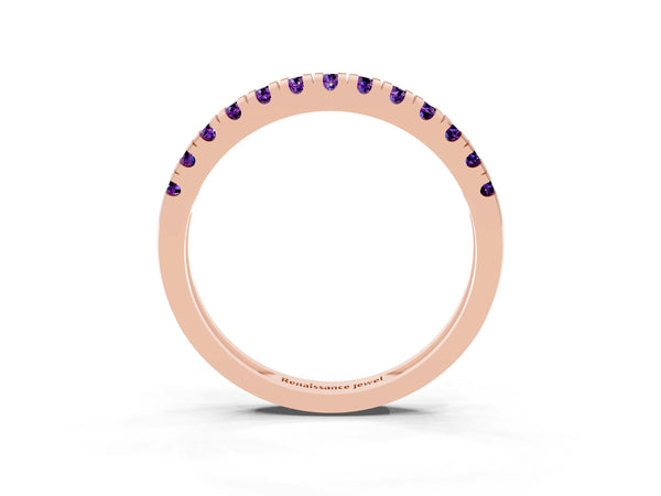 Rose Gold Round Amethyst Thin Pave Half Eternity Wedding Band