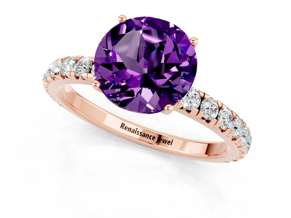 Rose gold Round Cut Amethyst Pavé Solitaire Engagement Ring with Four-Prong Setting