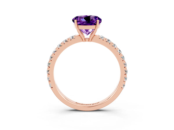 Rose gold Round Cut Amethyst Pavé Solitaire Engagement Ring with Four-Prong Setting