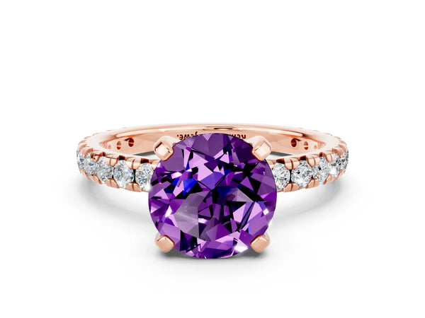 Rose gold Round Cut Amethyst Pavé Solitaire Ring with Round Band and Prong Setting