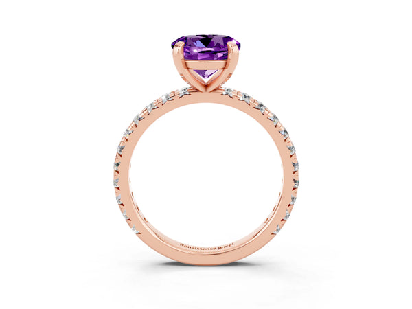 Rose gold Round Cut Amethyst Pavé Solitaire Ring with Round Band and Prong Setting