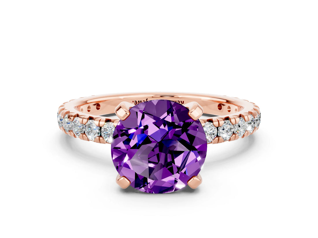 Rose gold Round Cut Amethyst Pavé Solitaire Ring with Round Band and Prong Setting_24