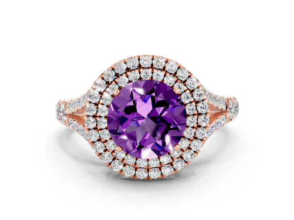 Rose gold Round Cut Amethyst Pavé Split Shank Double Halo Engagement Ring
