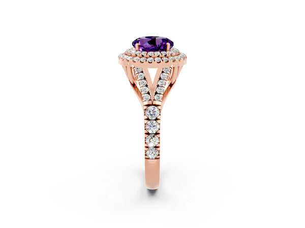 Rose gold Round Cut Amethyst Pavé Split Shank Double Halo Engagement Ring