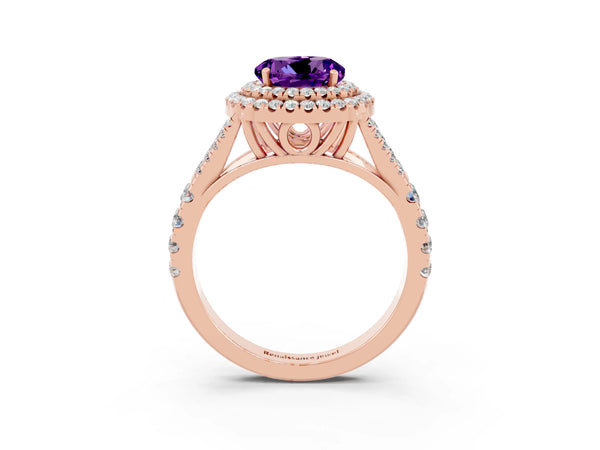 Rose gold Round Cut Amethyst Pavé Split Shank Double Halo Engagement Ring