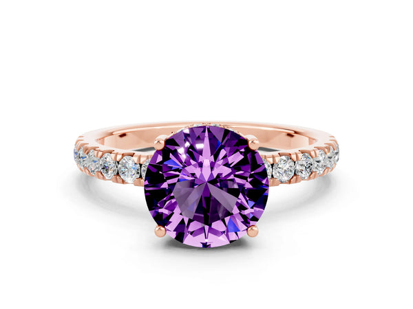 Rose gold Round Cut Amethyst Pave Band Solitaire Ring with Round  and Prong Setting
