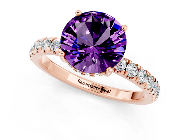 Rose gold Round Cut Amethyst Pave Band Solitaire Ring with Round  and Prong Setting