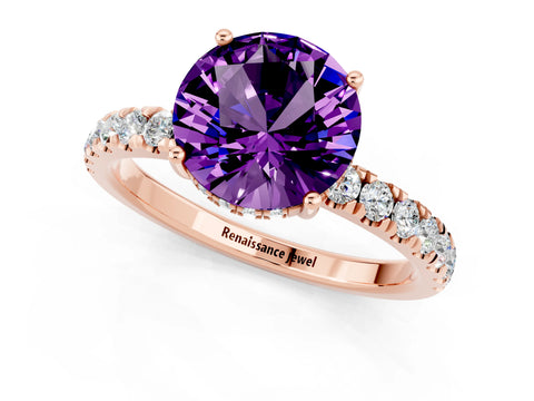 Rose gold Round Cut Amethyst Pave Band Solitaire Ring with Four-Prong Setting_13