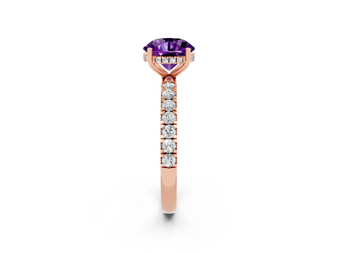 Rose gold Round Cut Amethyst Pave Band Solitaire Ring with Four-Prong Setting_14