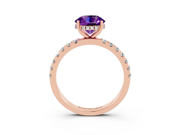 Rose gold Round Cut Amethyst Pave Band Solitaire Ring with Round  and Prong Setting