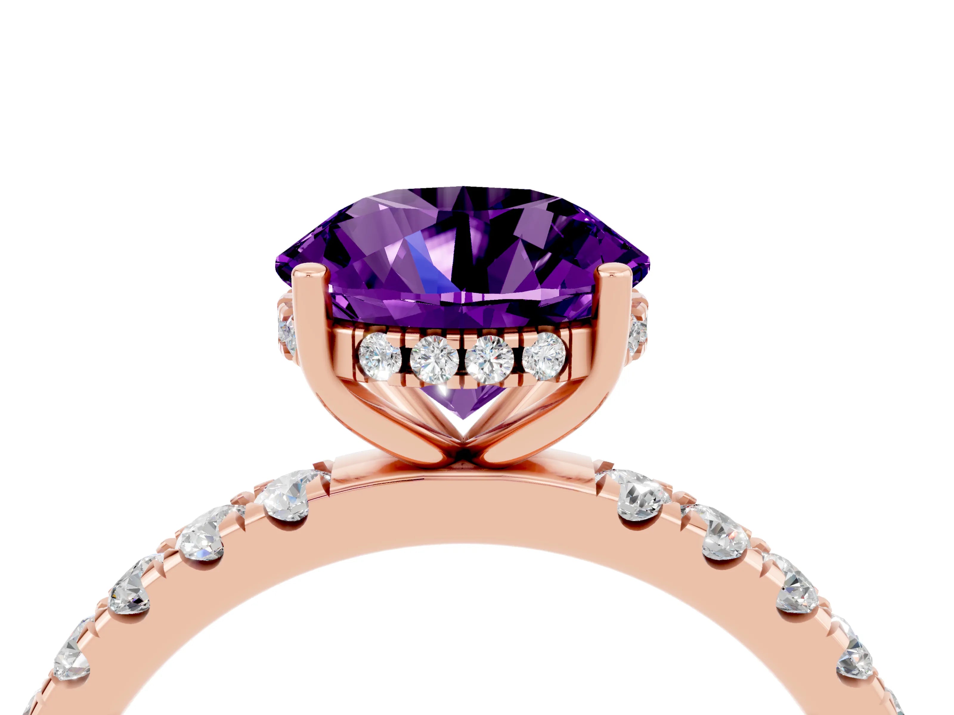 Rose gold Round Cut Amethyst Pave Band Solitaire Ring with Four-Prong Setting_16