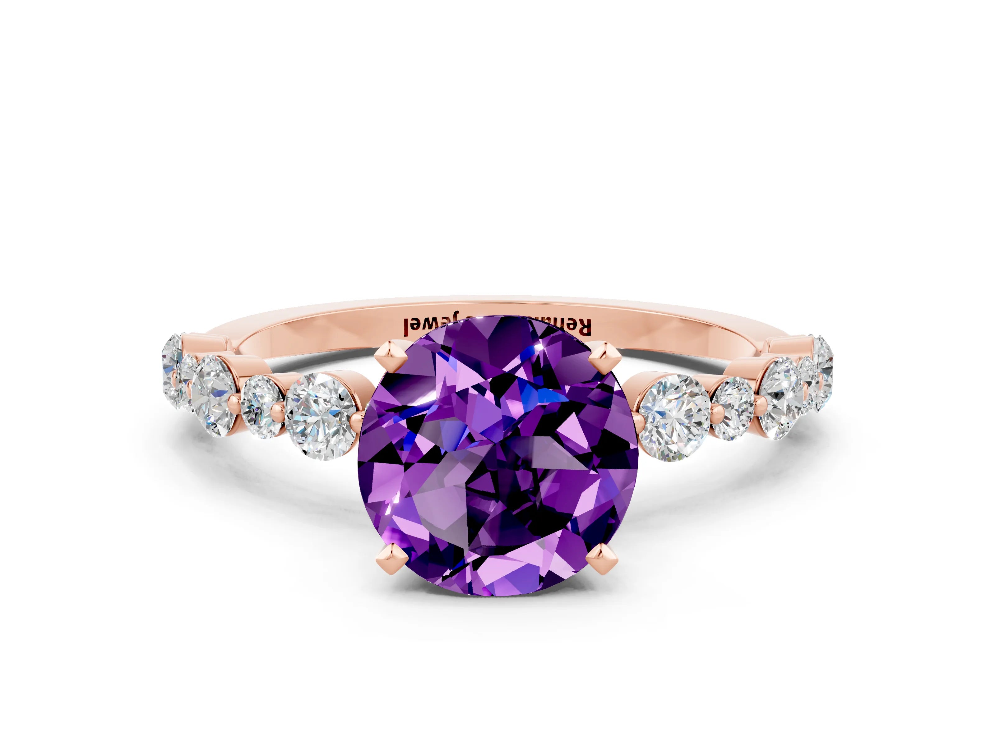 Rose gold Round Cut Amethyst Prong Set Engagement Ring with Pavé Band