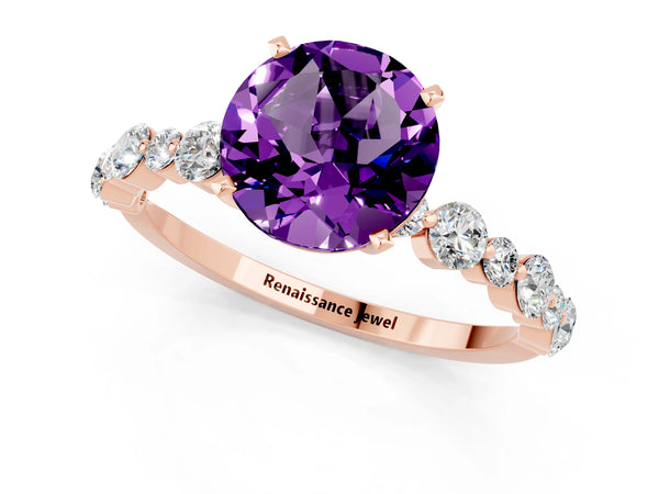 Rose gold Round Cut Amethyst Prong Set Engagement Ring with Pavé Band