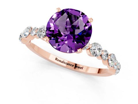 Rose gold Round Cut Amethyst Prong Set Engagement Ring with Pavé Band_1