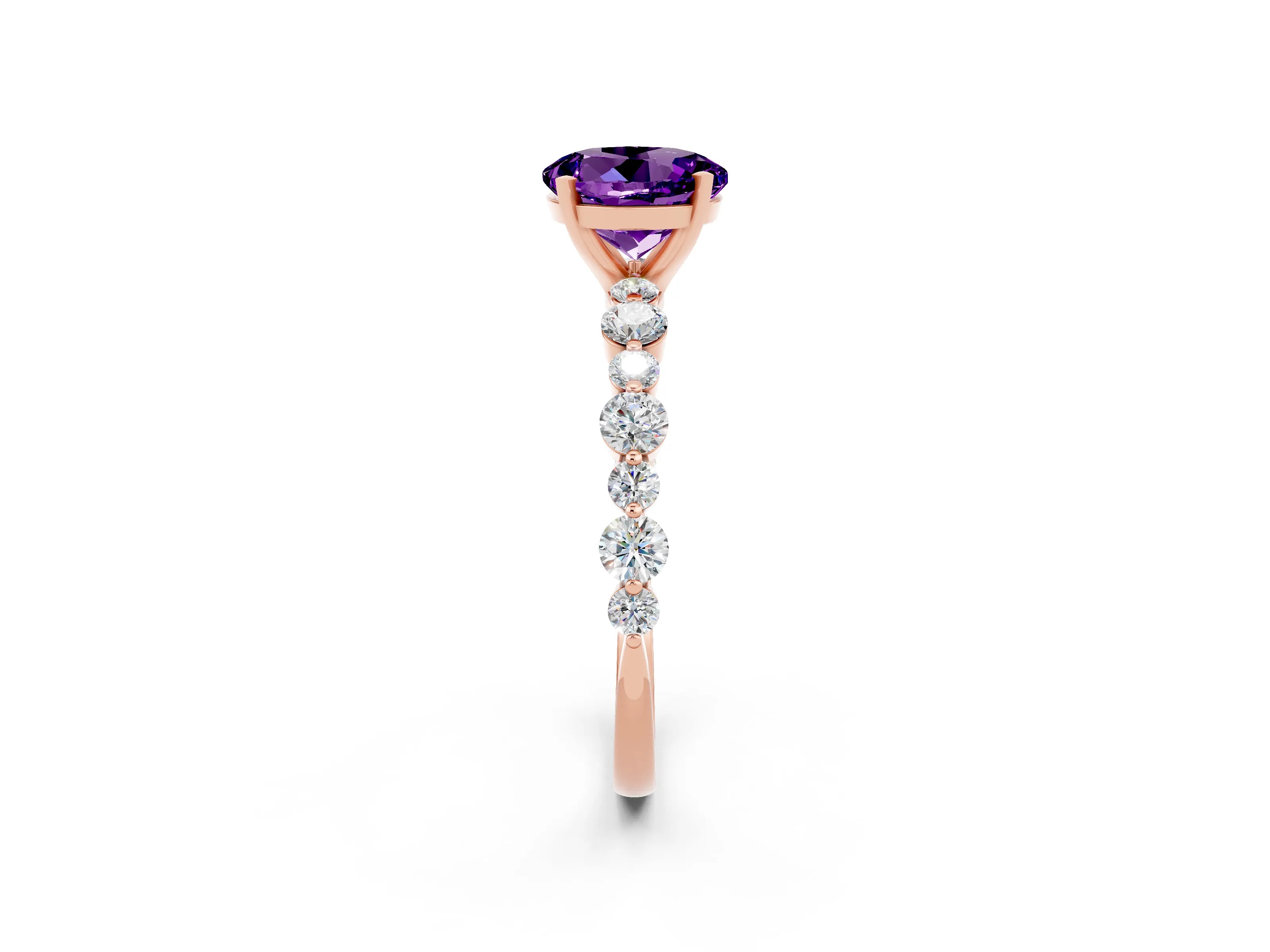 Rose gold Round Cut Amethyst Prong Set Engagement Ring with Pavé Band_2
