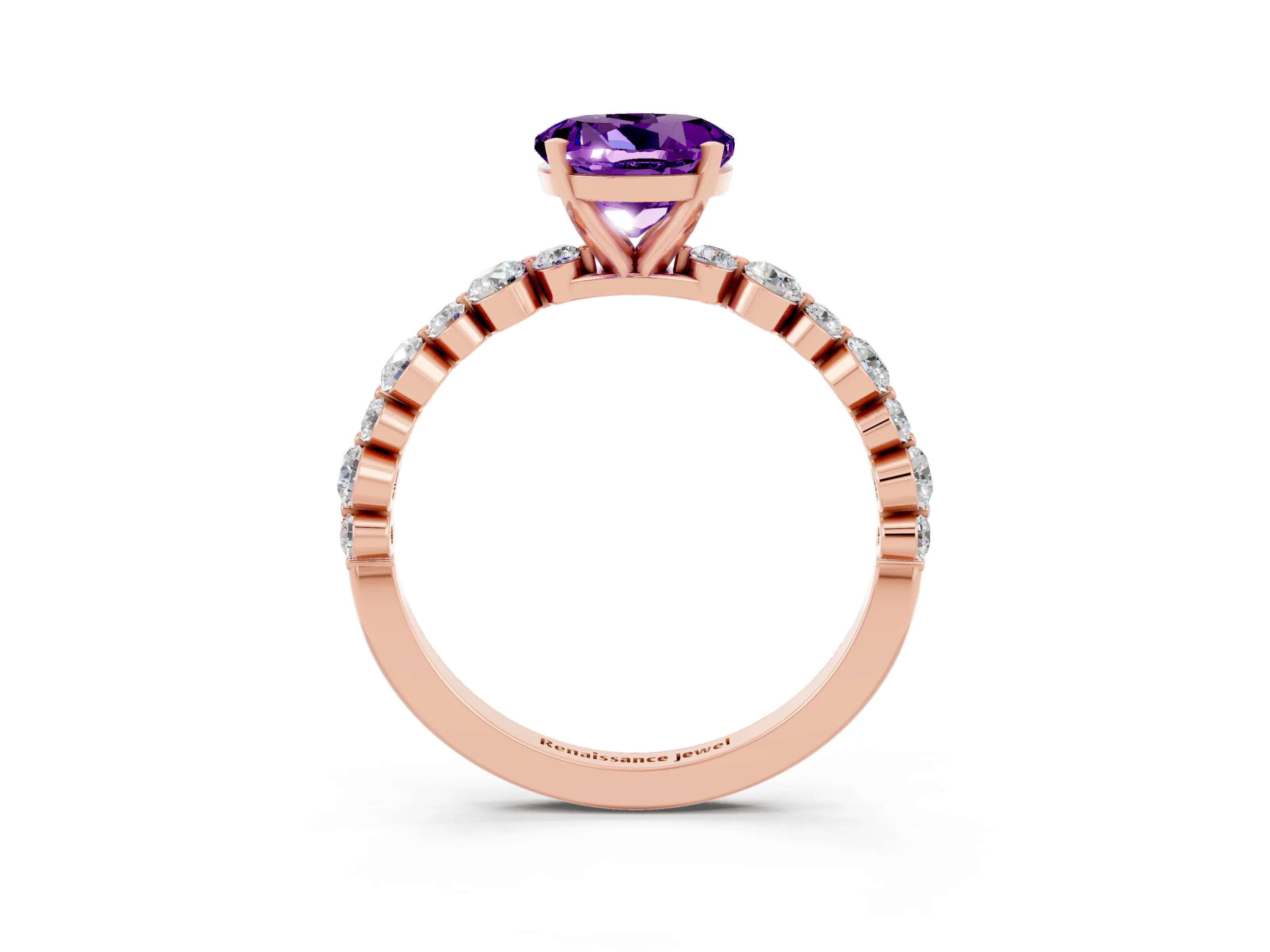 Rose gold Round Cut Amethyst Prong Set Engagement Ring with Pavé Band_3