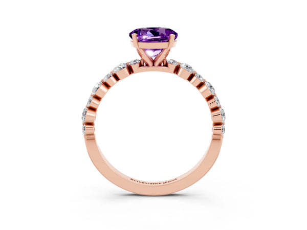 Rose gold Round Cut Amethyst Prong Set Engagement Ring with Pavé Band