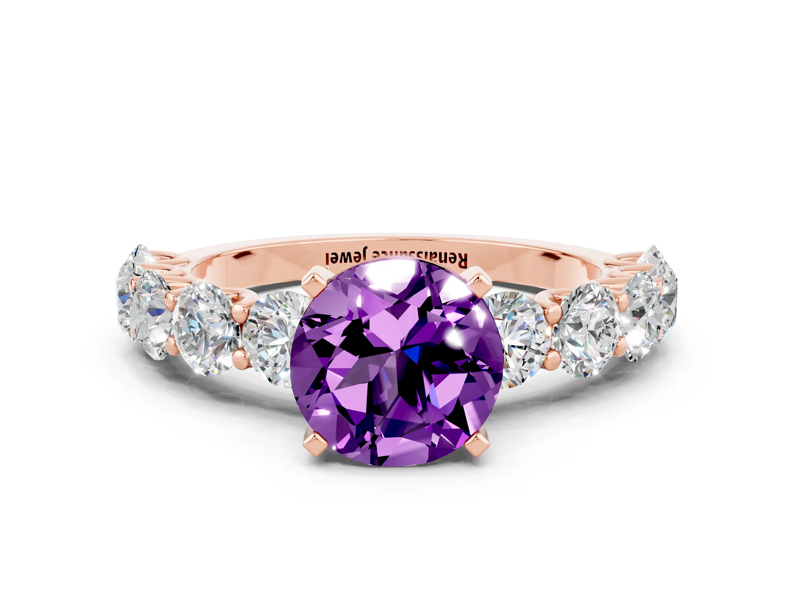 Rose gold Round Cut Amethyst Prong Setting with Side Stones on a Pave Band