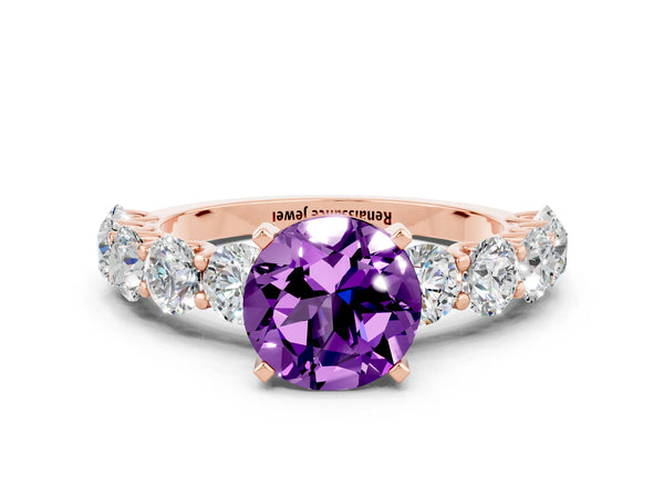 Rose gold Round Cut Amethyst Prong Setting with Side Stones on a Pave Band