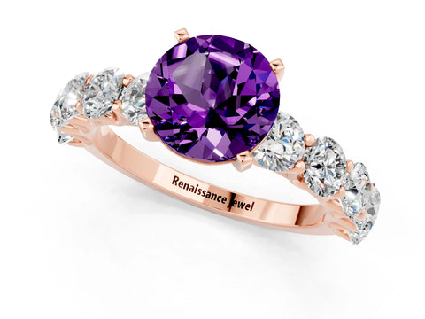 Rose gold Round Cut Amethyst Prong Setting with Side Stones on a Pave Band_1