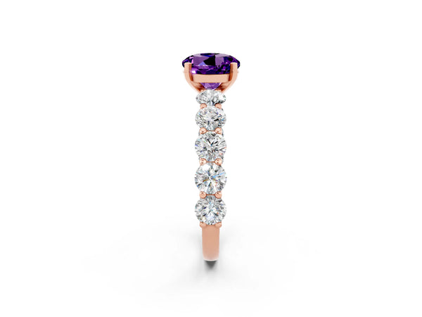 Rose gold Round Cut Amethyst Prong Setting with Side Stones on a Pave Band
