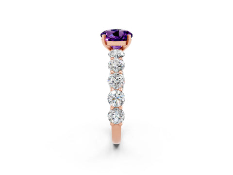 Rose gold Round Cut Amethyst Prong Setting with Side Stones on a Pave Band_2