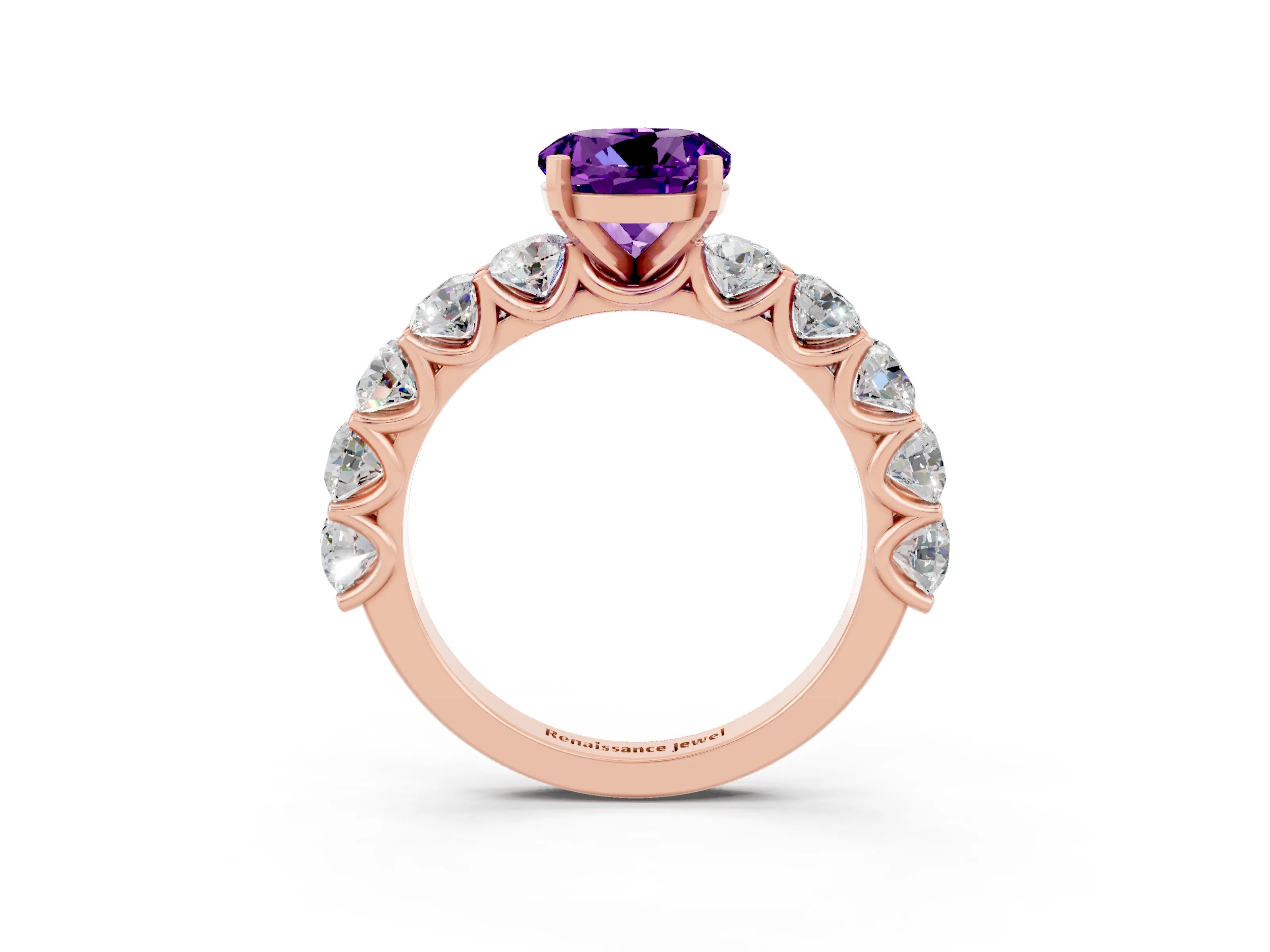 Rose gold Round Cut Amethyst Prong Setting with Side Stones on a Pave Band_3