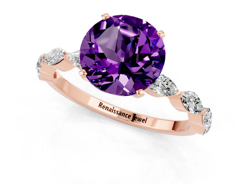 Rose gold Round Cut Amethyst Ring with Marquise Side Stones and Prong Setting_1