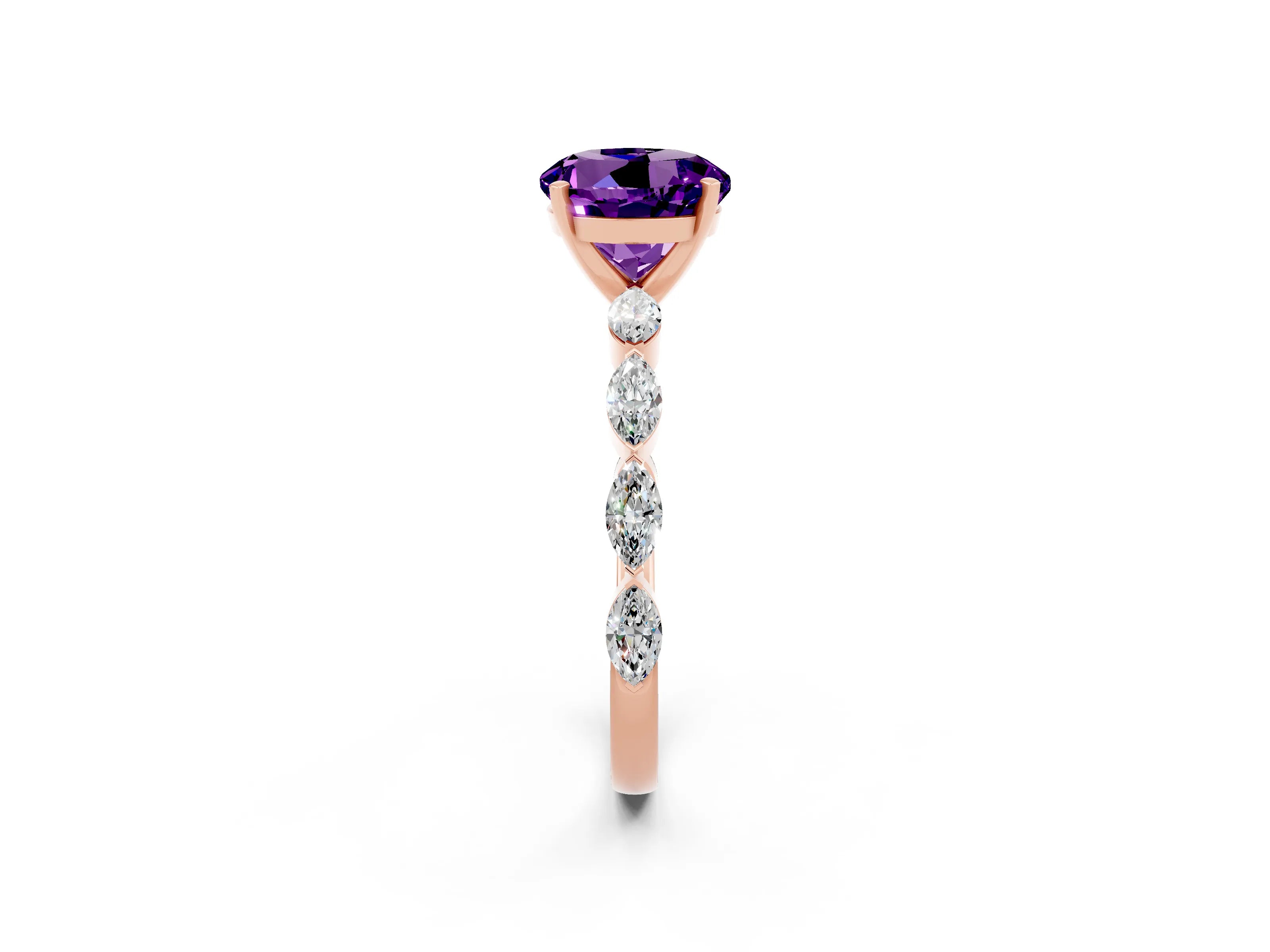Rose gold Round Cut Amethyst Ring with Marquise Side Stones and Prong Setting_2