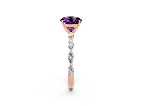 Rose gold Round Cut Amethyst Ring with Marquise Side Stones and Prong Setting