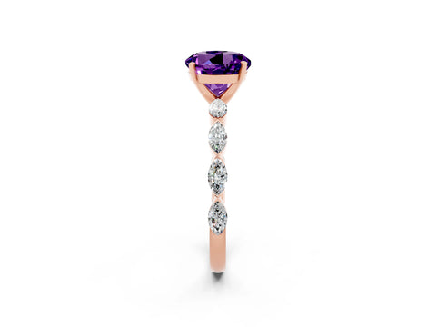 Rose gold Round Cut Amethyst Ring with Marquise Side Stones and Prong Setting_2