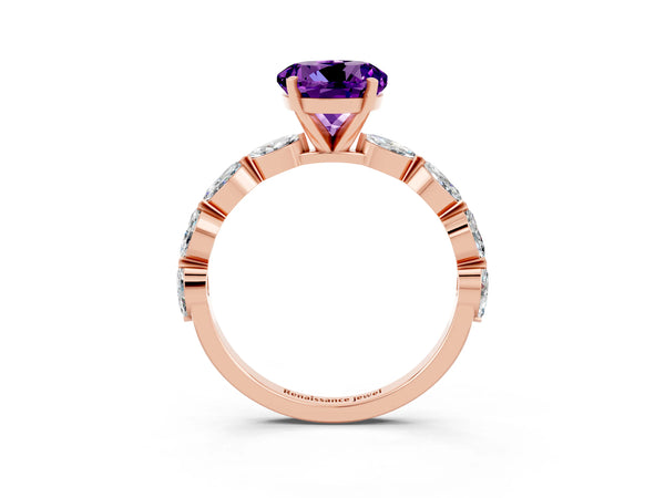 Rose gold Round Cut Amethyst Ring with Marquise Side Stones and Prong Setting