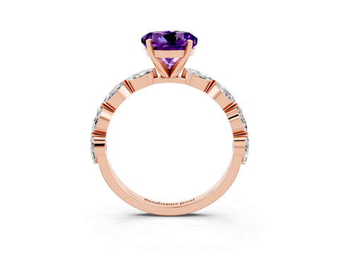 Rose gold Round Cut Amethyst Ring with Marquise Side Stones and Prong Setting_3