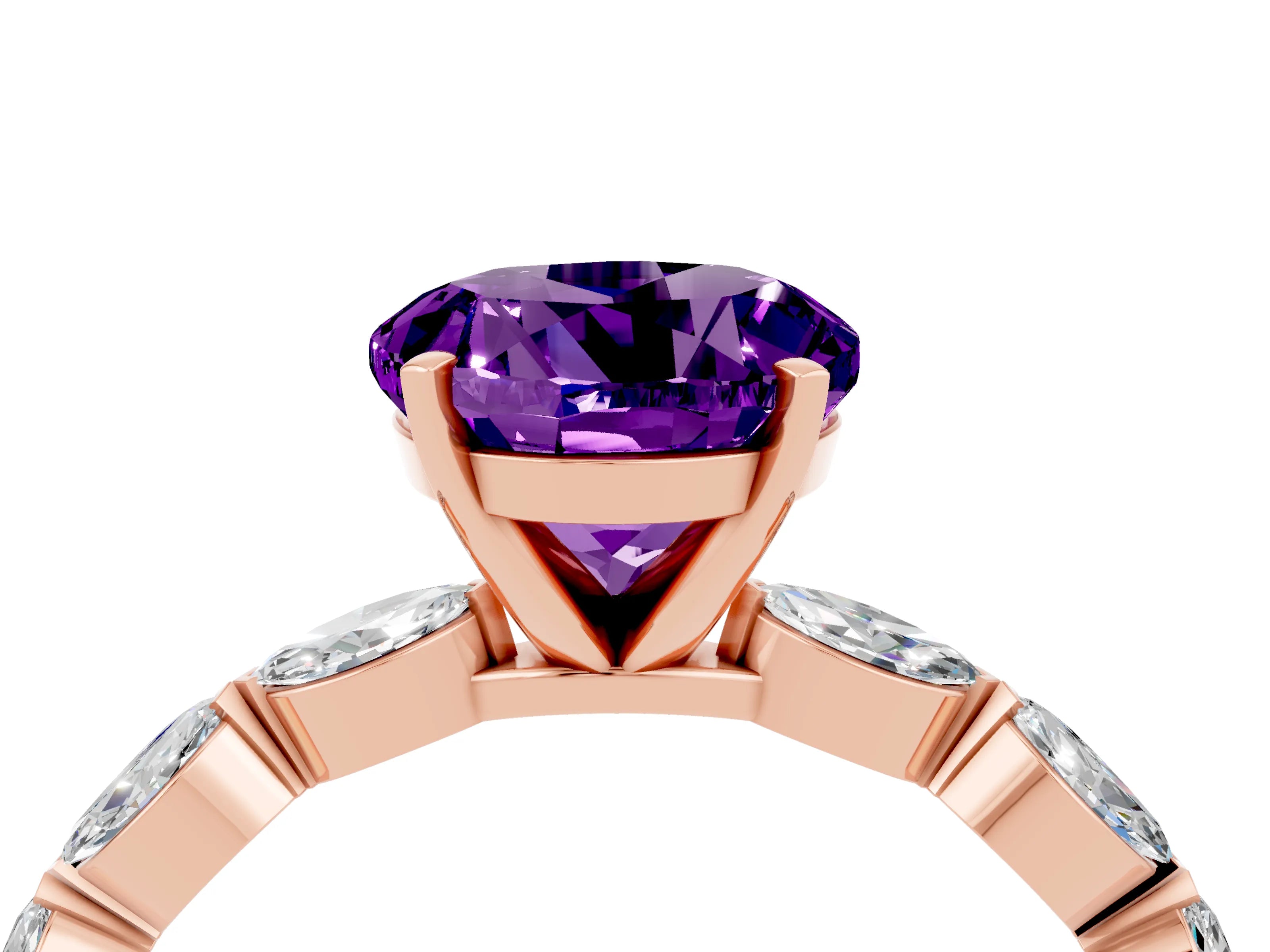 Rose gold Round Cut Amethyst Ring with Marquise Side Stones and Prong Setting_4