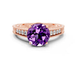 Rose gold Round Cut Amethyst Ring with Milgrain Pavé Band and Four-Prong Setting_12
