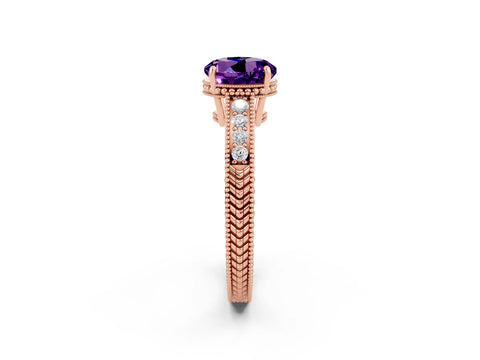 Rose gold Round Cut Amethyst Ring with Milgrain Pavé Band and Four-Prong Setting_14