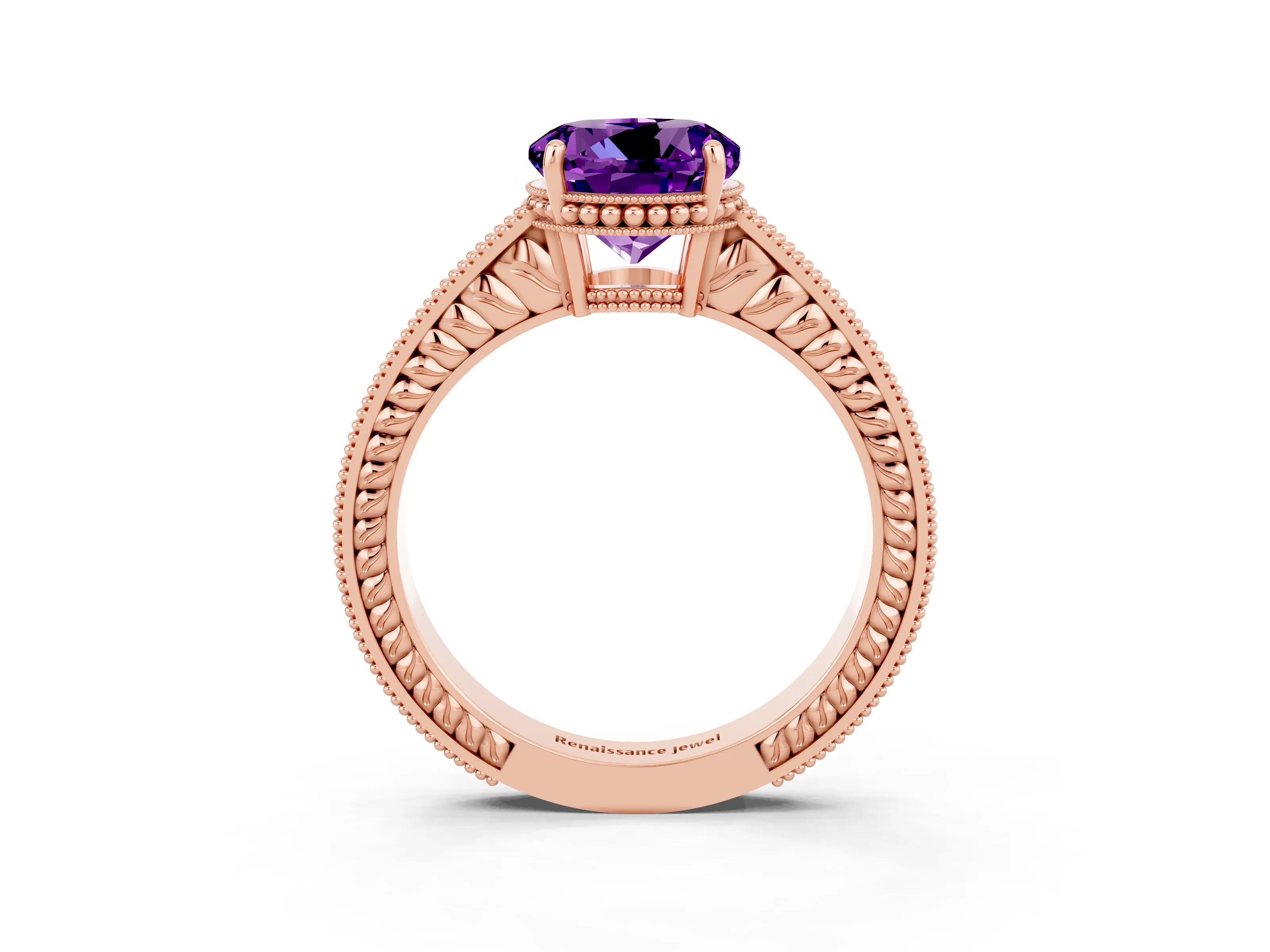 Rose gold Round Cut Amethyst Ring with Milgrain Pavé Band and Four-Prong Setting_15