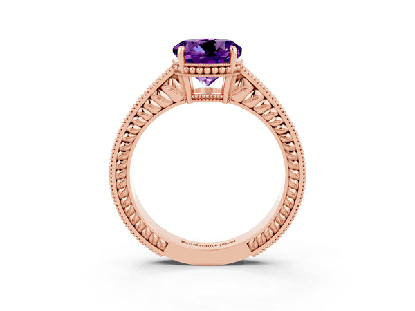 Rose gold Round Cut Amethyst Ring with Milgrain Pavé Band and Four-Prong Setting