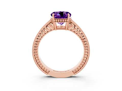 Rose gold Round Cut Amethyst Ring with Milgrain Pavé Band and Four-Prong Setting_15