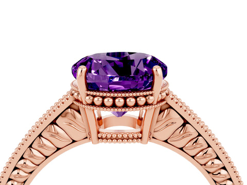 Rose gold Round Cut Amethyst Ring with Milgrain Pavé Band and Four-Prong Setting_16