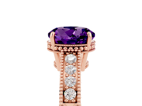 Rose gold Round Cut Amethyst Ring with Milgrain Pavé Band and Four-Prong Setting_17