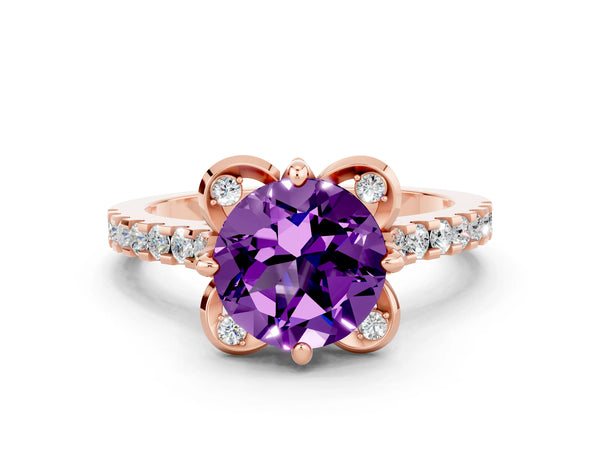 Rose gold Round Cut Amethyst Ring with Pavé Band and Floral Prong Setting