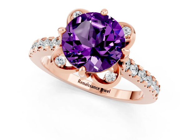 Rose gold Round Cut Amethyst Ring with Pavé Band and Floral Prong Setting
