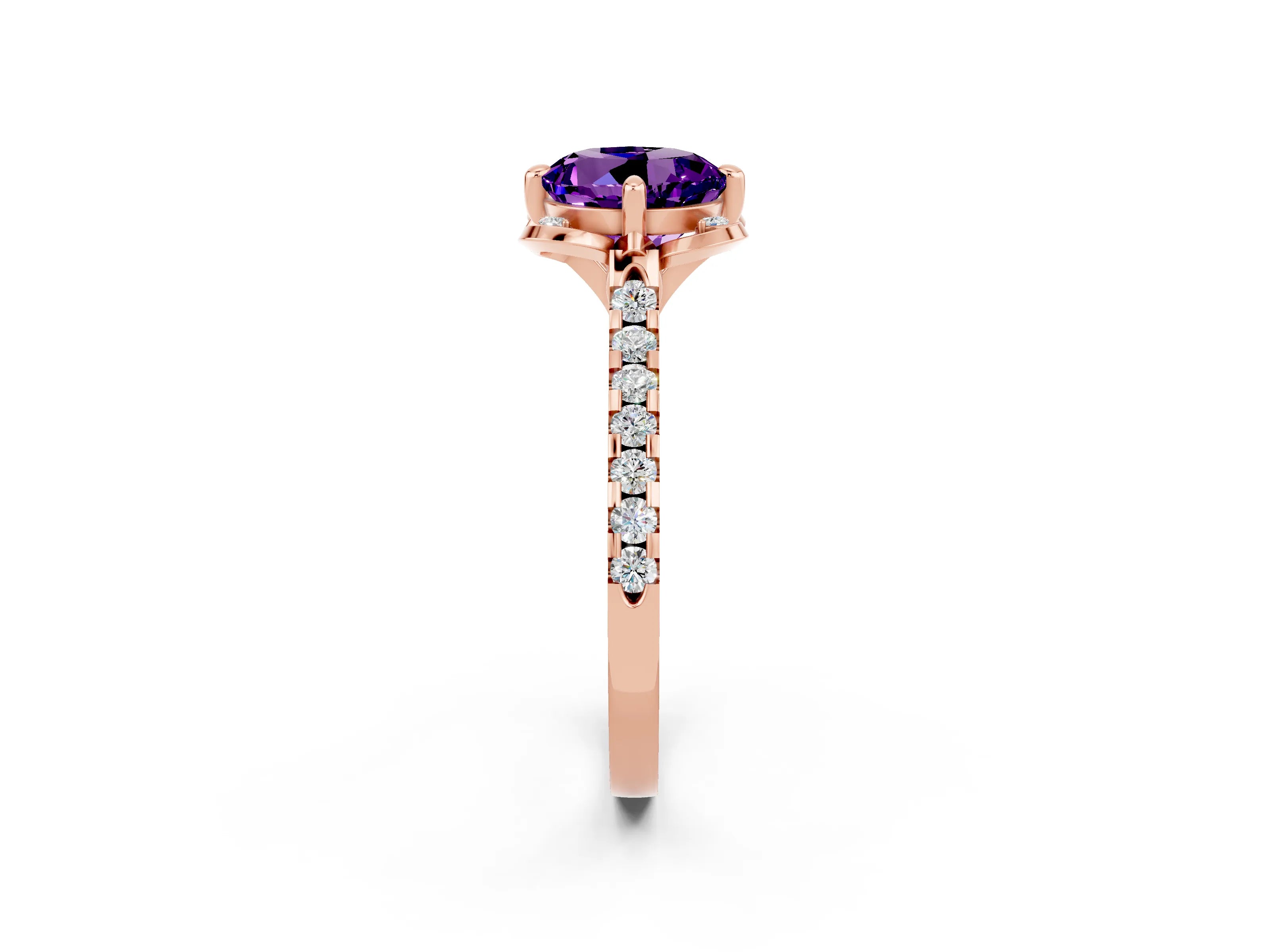 Rose gold Round Cut Amethyst Ring with Pavé Band and Floral Prong Setting_2