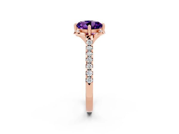 Rose gold Round Cut Amethyst Ring with Pavé Band and Floral Prong Setting